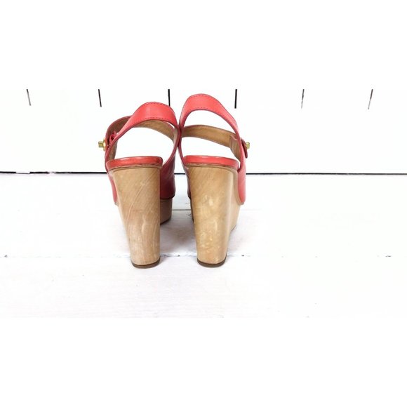 Coach open toe wooden platform wedge sandal/high heel peep toe wedge leather - Picture 6 of 8